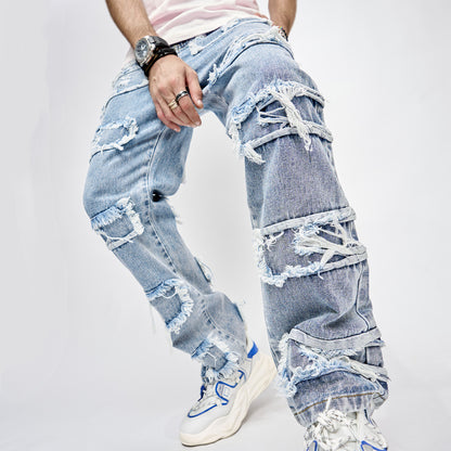 High Street Trousers Man's Pants Full Length Patched Straight Fit Men's Hip Hop Jeans
