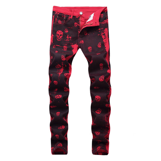 Skull red jeans men's casual jeans