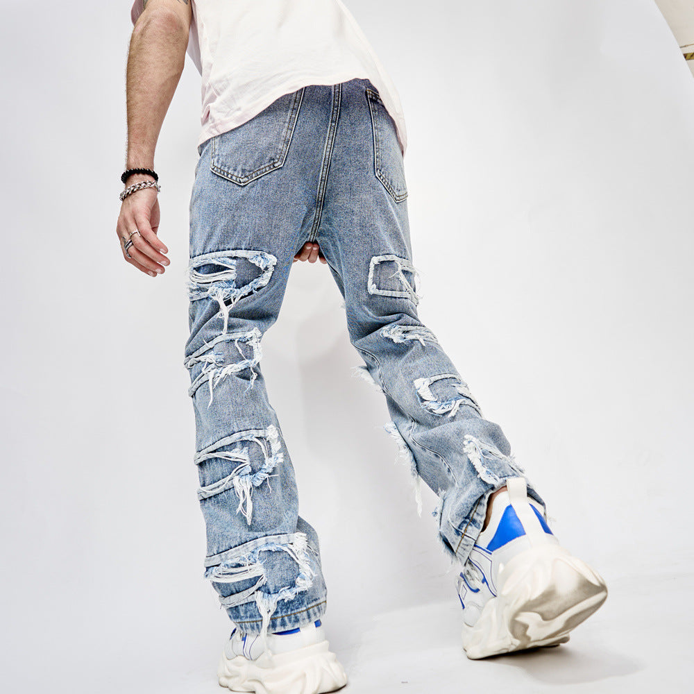 High Street Trousers Man's Pants Full Length Patched Straight Fit Men's Hip Hop Jeans
