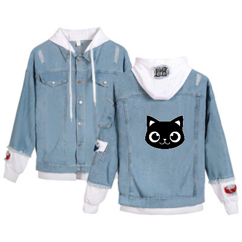 Cute Black Cat Hip Hop Jean Jacket With Hoodie Insert Feature - Plushlegacy