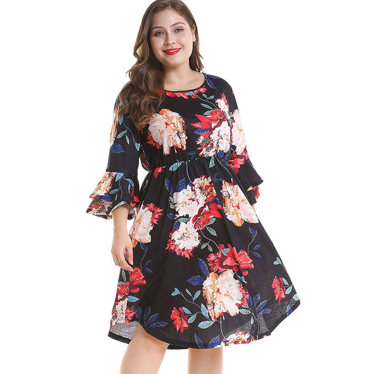 Plus Size Bell Sleeve Floral Print Dress - Plushlegacy