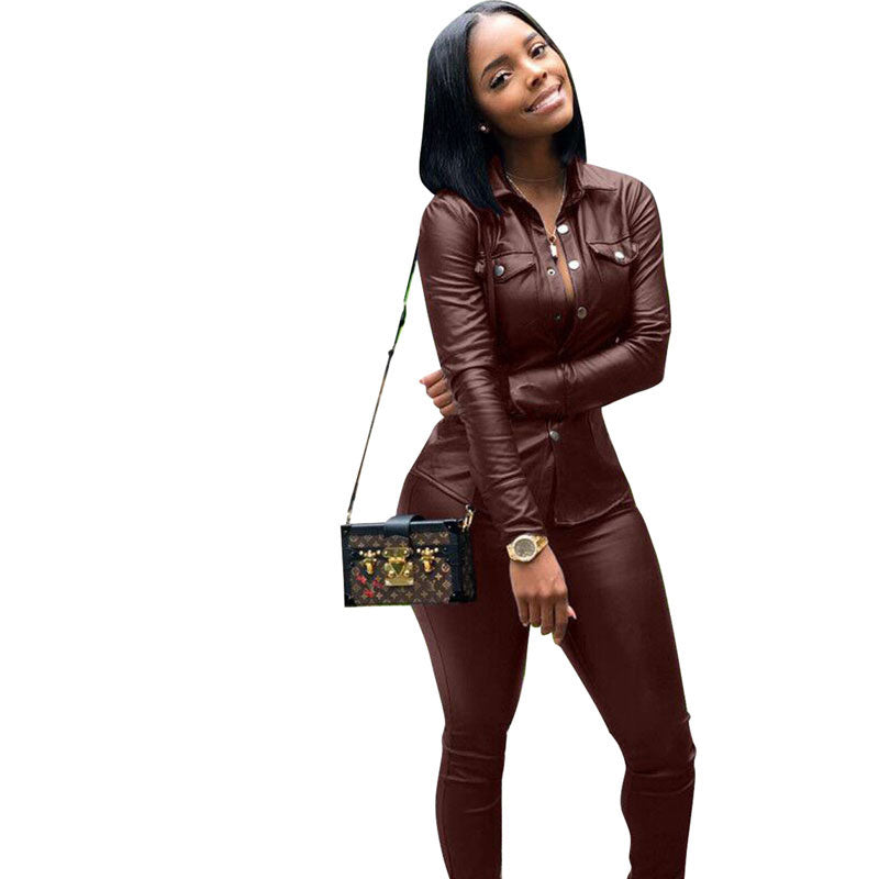 Two Piece Set Women Plus Size PU Leather Long Sleeve Top and Bodycon Pant Suit - Plushlegacy