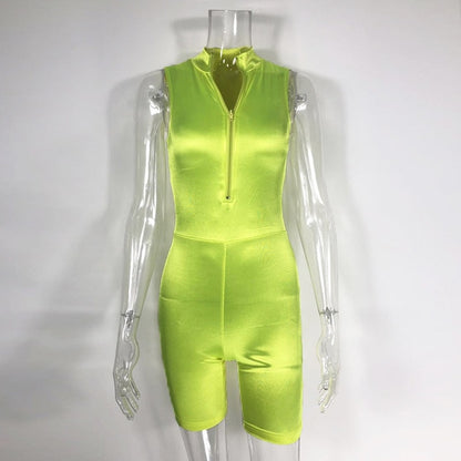 NewAsia  Jumpsuit Summer Elastic Slim Fit Glossy Satin Playsuit Women Fashion Casual Front Zipper Biker Rompers Streetwear - Plushlegacy