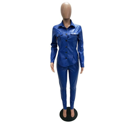 Two Piece Set Women Plus Size PU Leather Long Sleeve Top and Bodycon Pant Suit - Plushlegacy