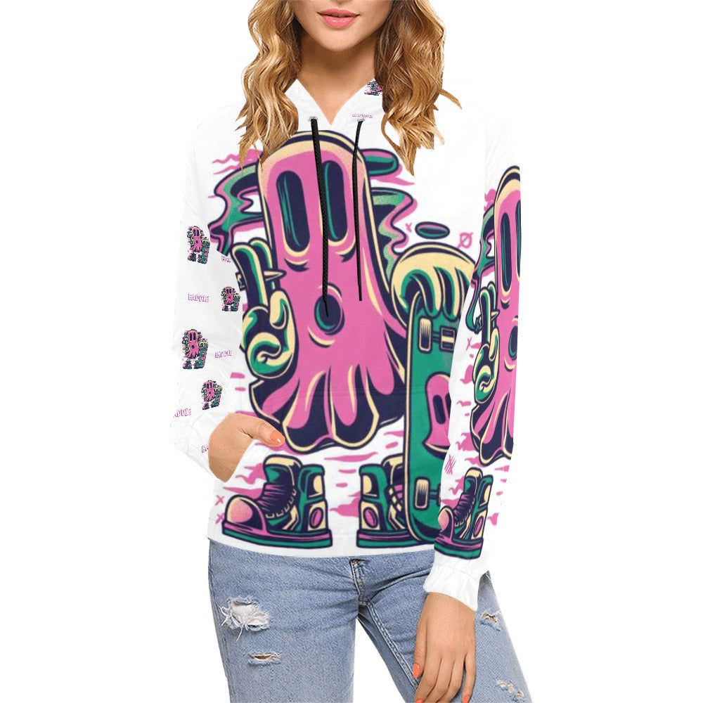 Pink White and Green Skateboard Mandey x Plush Legacy  Women's All Over Print Hoodie (Model H13) - Plushlegacy