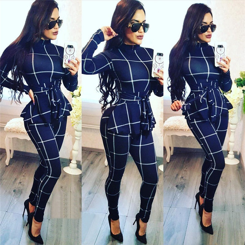 Plaid Print Bodycon Jumpsuit Women Turtleneck Long Sleeve Peplum One Piece Overalls Skinny Party Casual Romper Catsuit Sashes - Plushlegacy