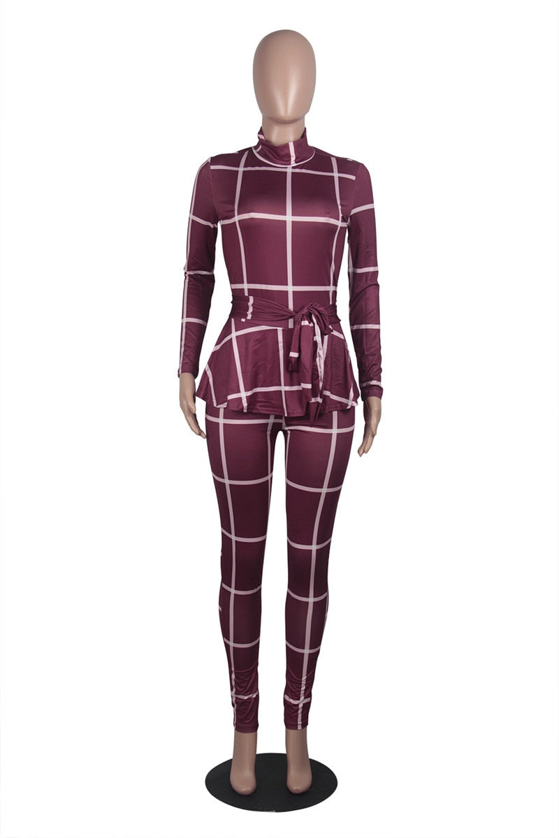 Plaid Print Bodycon Jumpsuit Women Turtleneck Long Sleeve Peplum One Piece Overalls Skinny Party Casual Romper Catsuit Sashes - Plushlegacy
