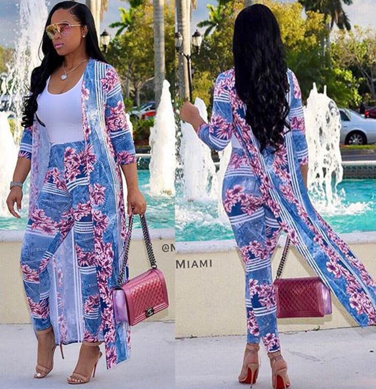 Plus Size  two Piece Set Women clothes Cardigan Cloak Long Top And Bodycon Pant Matching Sets - Plushlegacy