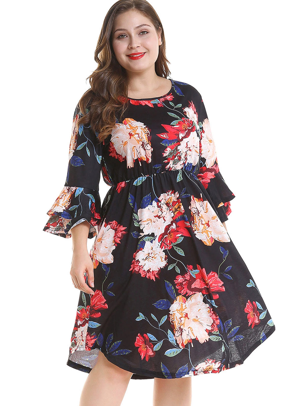 Plus Size Bell Sleeve Floral Print Dress - Plushlegacy