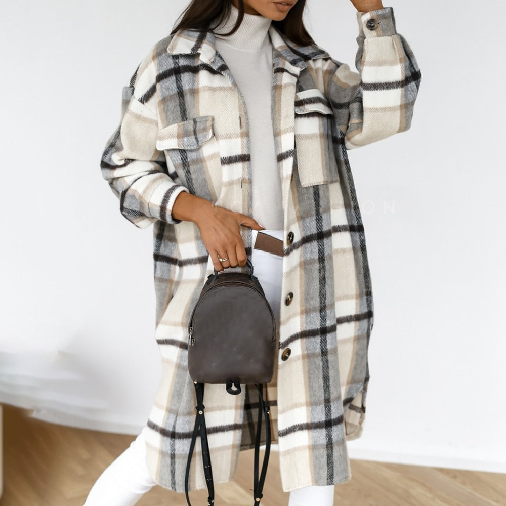 Autumn Winter Women Checked Jacket Casual Turn Down Collar Plaid Long Coat Female Oversized Thick Warm Woolen Blends Overcoat - Plushlegacy