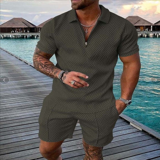 Men's Lapel Print Zipper Short Sleeve Shorts Suit